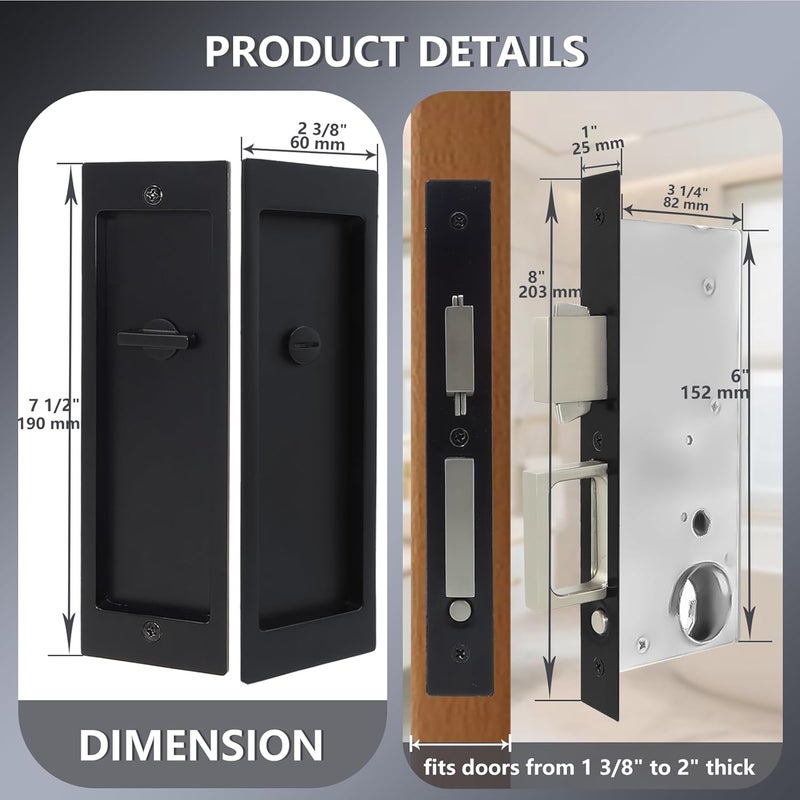 Foswdero Pocket Door Hardware, Pocket Door Lock with Handles and Pull for Bathroom, Modern Rectangle, Pop-Up Design, Fits Doors from 1 3/8" to 2" Thick (Matte Black, 1801) - Image 4
